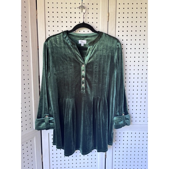 Kim Rogers Tops - Kim Rogers Womens M Velvet Green V Neck Henley Pleated Tunic Blouse 3/4 SLV